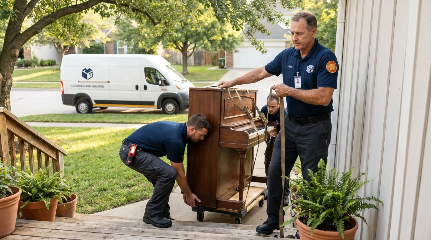 Licensed piano movers securing grand piano in La Joya, TX