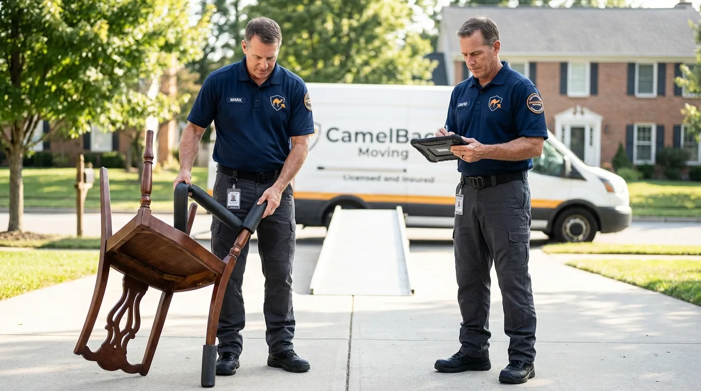 Movers inspecting furniture for damage prevention before loading in La Joya, TX